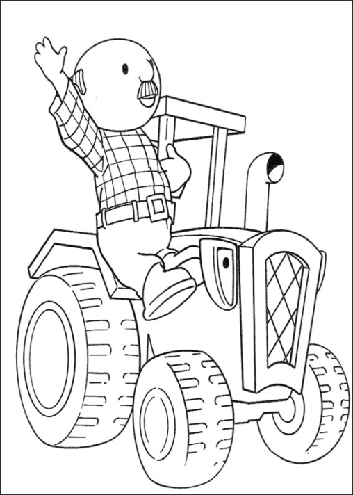 Kolorowanka traktory zdziwiony traktor z bajki Bob budowniczy stoi z wąsatym panem trzymającym się kabiny