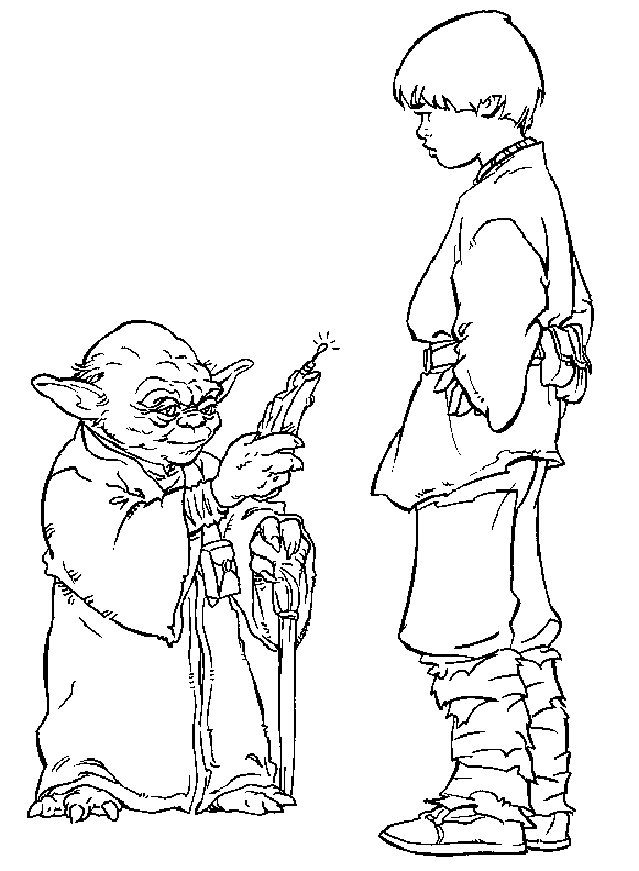 Kolorowanka Star Wars mistrz Yoda wręcza coś młodemu Lukowi Skywalkerowi