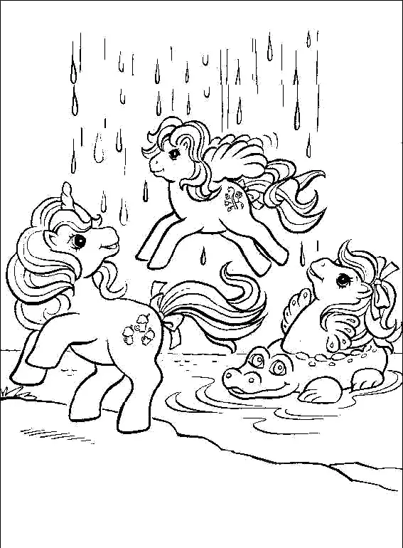 Kolorowanka kucyki pony bawią się w wodzie i w deszczu gdy jeden kucyk siedzi na krokodylu