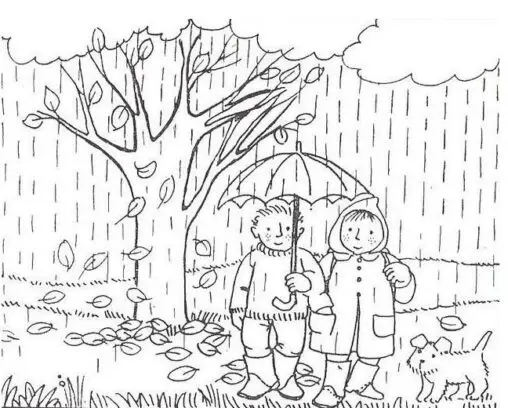Kolorowanka liście leżą pod drzewem stojącym w deszczu obok dwójki ludzi wraz z psem