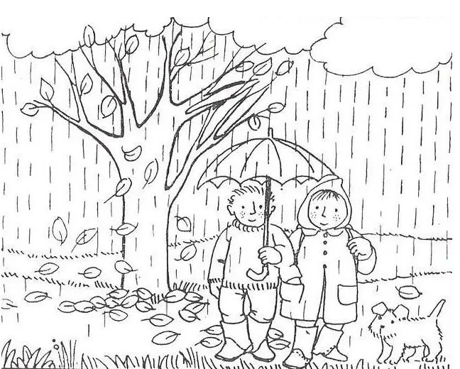 Kolorowanka liście leżą pod drzewem stojącym w deszczu obok dwójki ludzi wraz z psem
