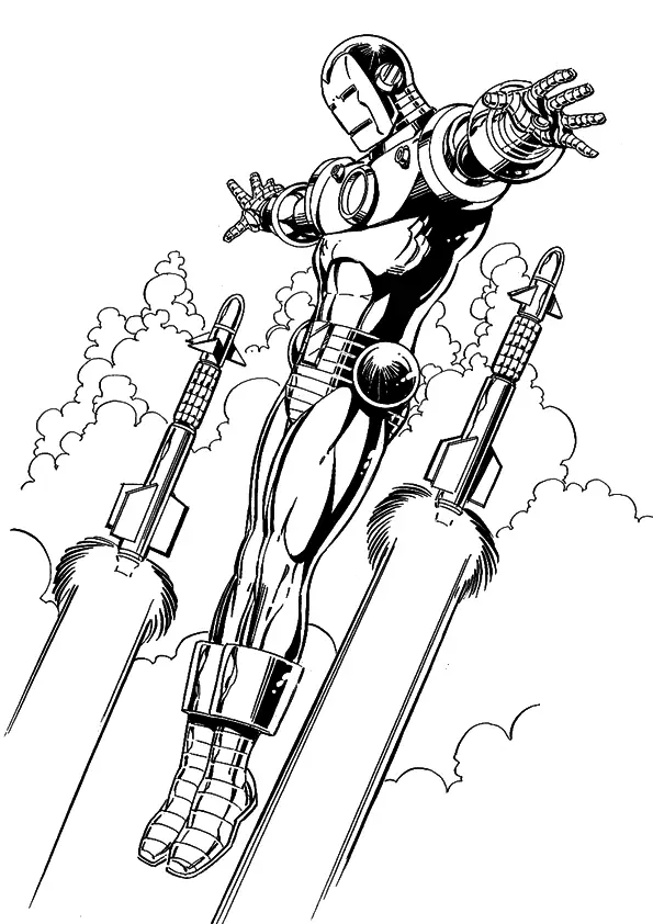 Kolorowanka Iron Man odlatuje w górę w zbroi uciekając od rakiet wojskowych