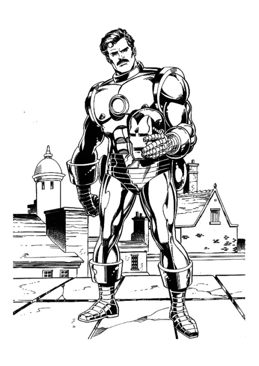 Kolorowanka Iron Man Tony Stark stoi ze zdjętym hełmem na dachu budynku w mieście