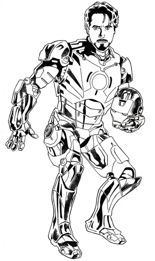 Kolorowanka Iron Man Tony Stark trzyma hełm w ręce i jest zaskoczony odsuwając się