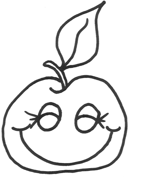 Kolorowanka jabłko małe szeroko uśmiechnięte z zamkniętymi oczami i dużym liściem