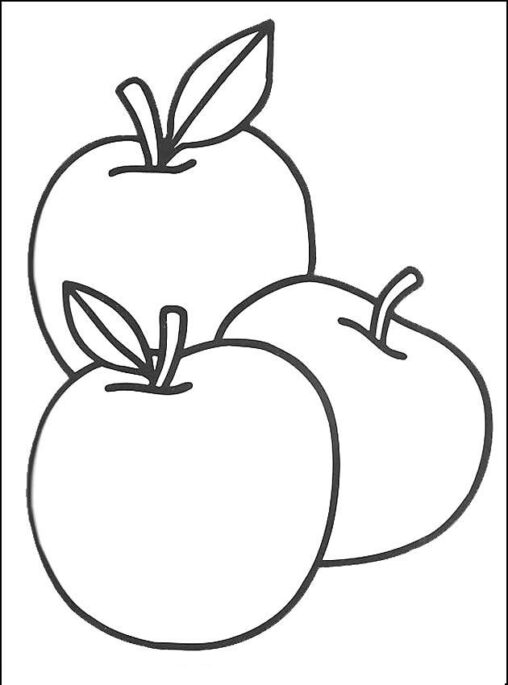 Kolorowanka jabłko trzy leżące obok siebie okrągłe i dojrzałe jabłka