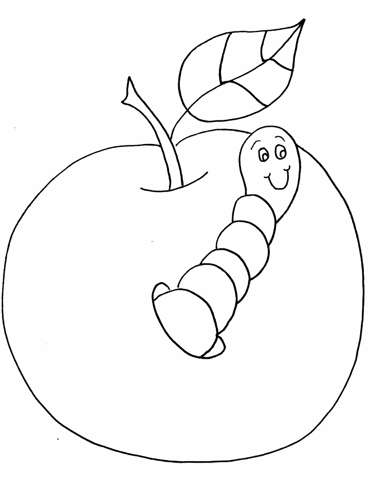 Kolorowanka jabłko z liściem na ogonku dziurawe w dużym robakiem uśmiechniętym i wystającym z jabłka