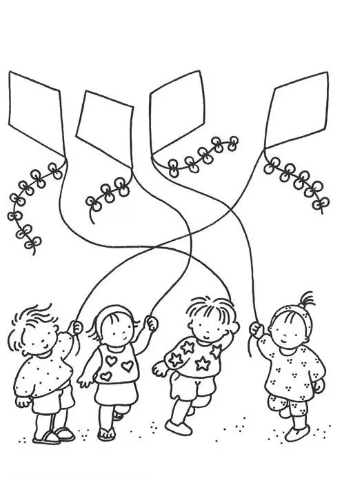 Kolorowanka jesień czwórka dzieci idzie obok siebie trzymając w rękach latawce