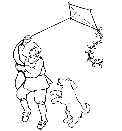 Kolorowanka jesień dziewczyna biegnie ciągnąc za sobą latawiec obok skaczącego psa