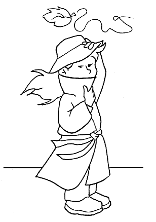 Kolorowanka jesień dziewczyna stoi w płaszczu i trzyma kapelusz na głowie podczas silnego wiatru