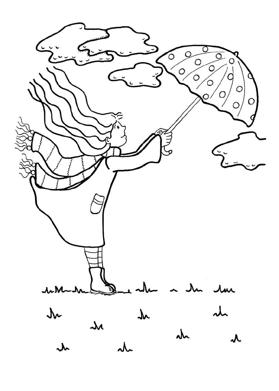 Kolorowanka jesień dziewczyna w płaszczu i szalu stoi z rozwianymi włosami trzymając mocno parasol