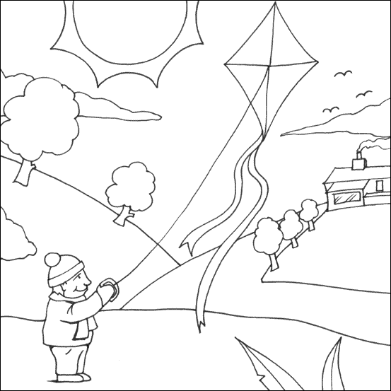 Kolorowanka jesień mężczyzna stoi na pagórku obok domu i puszcza latawiec