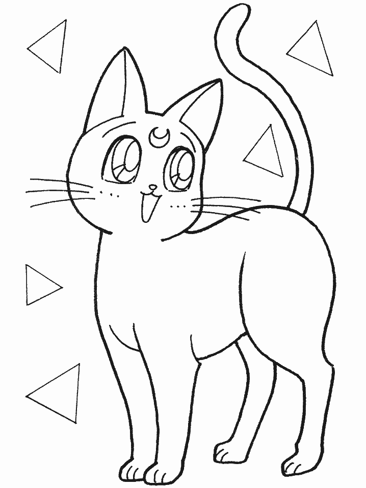 Kolorowanka kot anime z dużymi świecącymi oczami i otwartym pyszczkiem stoi otoczony trójkątami