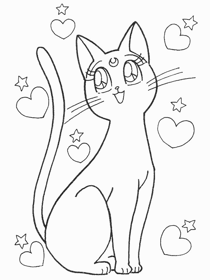 Kolorowanka kot anime z dużymi świecącymi oczami i otwartym pyszczkiem zachwyca się gwiazdkami i sercami