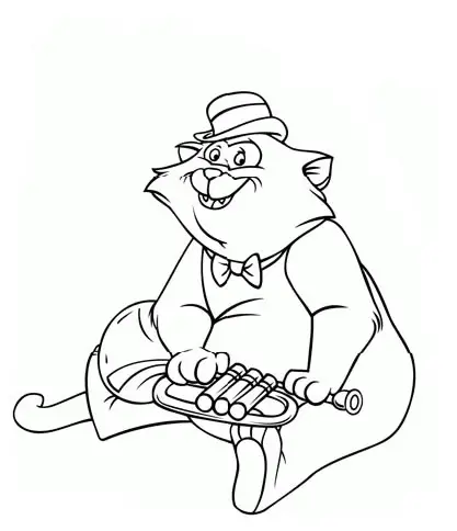 Kolorowanka kot arystokrata siedzi trzymając popielniczkę z cygarami z kapeluszem na głowie i się uśmiecha