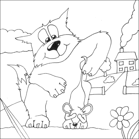 Kolorowanka kot bardzo duży i silny podnosi za ogon przestraszoną myszkę na łące obok domu