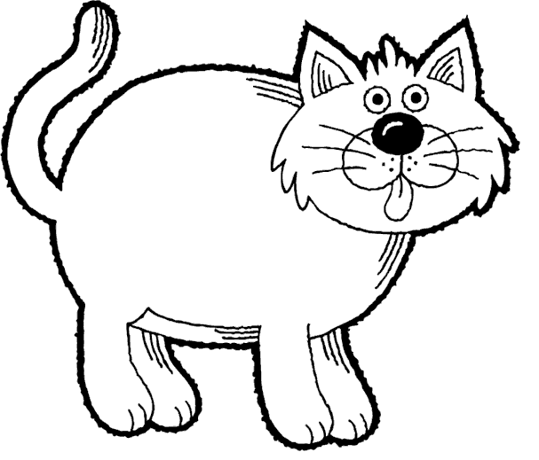Kolorowanka kot bardzo gruby i okrągły stoi i wystawia język