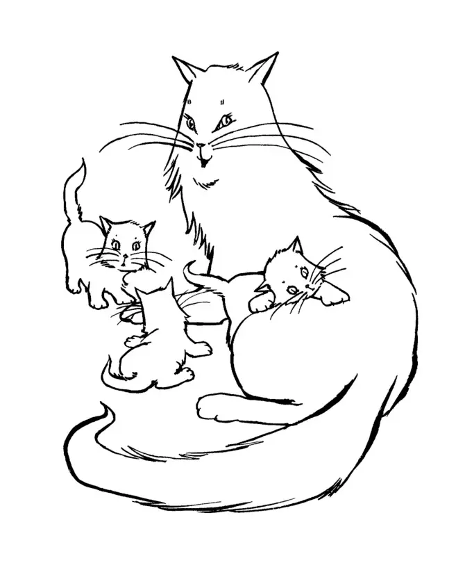 Kolorowanka kot bardzo gruby leży przy trzech bawiących się małych kotkach