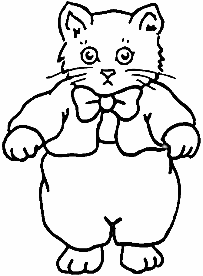 Kolorowanka kot bardzo gruby stoi w szerokich spodniach i kurtce oraz kokardce na szyi