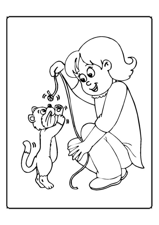 Kolorowanka kot bardzo mały bawi się sznurkiem trzymanym przez małą dziewczynkę