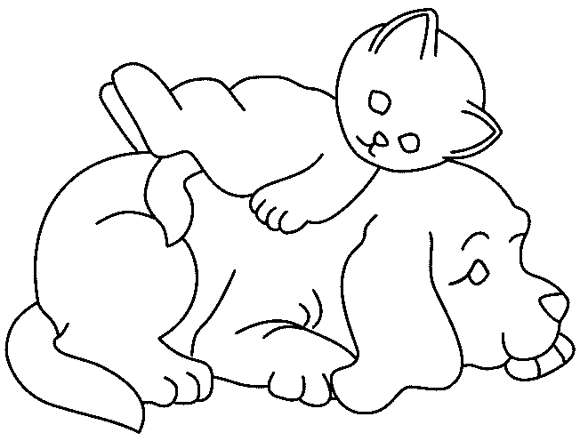 Kolorowanka kot bardzo mały i młody leży na plecach śpiącego psa z dużymi uszami
