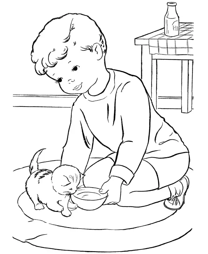Kolorowanka kot bardzo mały i młody pije mleko z miski w pokoju trzymanej przez chłopca