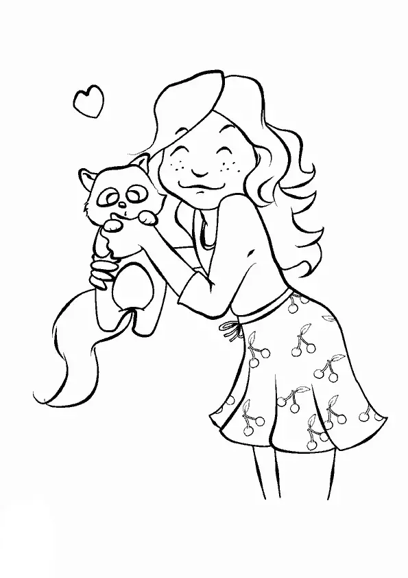 Kolorowanka kot bardzo mały jest trzymany przez zakochaną dziewczynkę w spódniczce