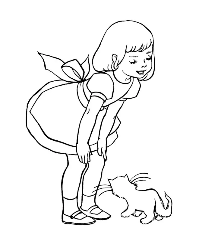 Kolorowanka kot bardzo mały zbliża się do nóg schylając się dziewczynki w sukience