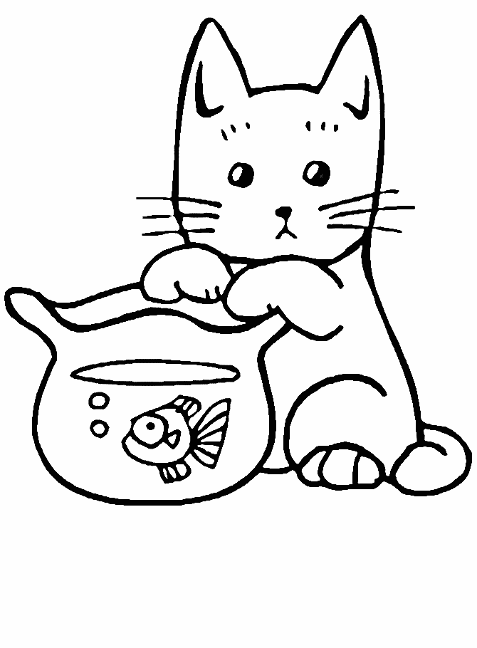 Kolorowanka kot bardzo smutny siedzi i opiera łapki o małe akwarium z rybką w środku