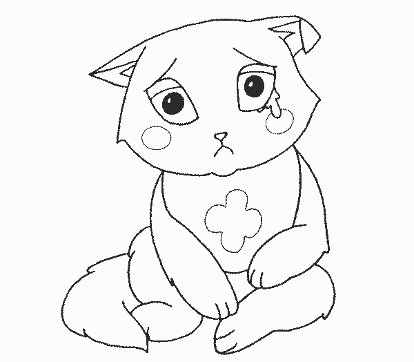 Kolorowanka kot bardzo smutny siedzi płacząc z rumieńcami na policzkach i śliniakiem na szyi