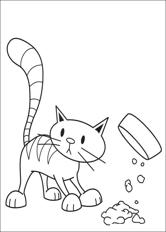 Kolorowanka kot Boba budowniczego zdziwiony stoi obok przewracającej się miski z karmą