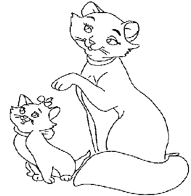 Kolorowanka kot dorosła matka siedzi i pokazuje coś małemu kotkowi z kokardką na głowie