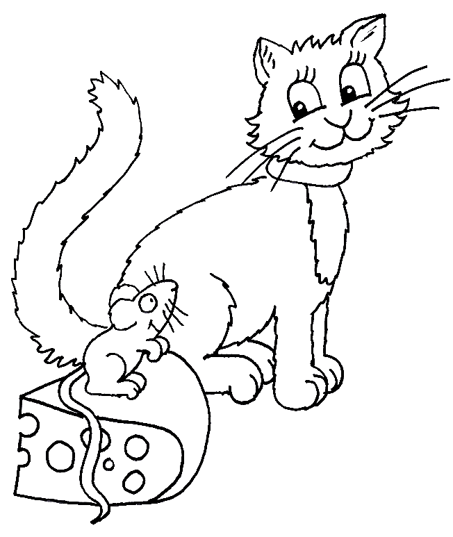 Kolorowanka kot dorosły i puchaty w szalu spogląda się na myszkę na dużym kawałku sera