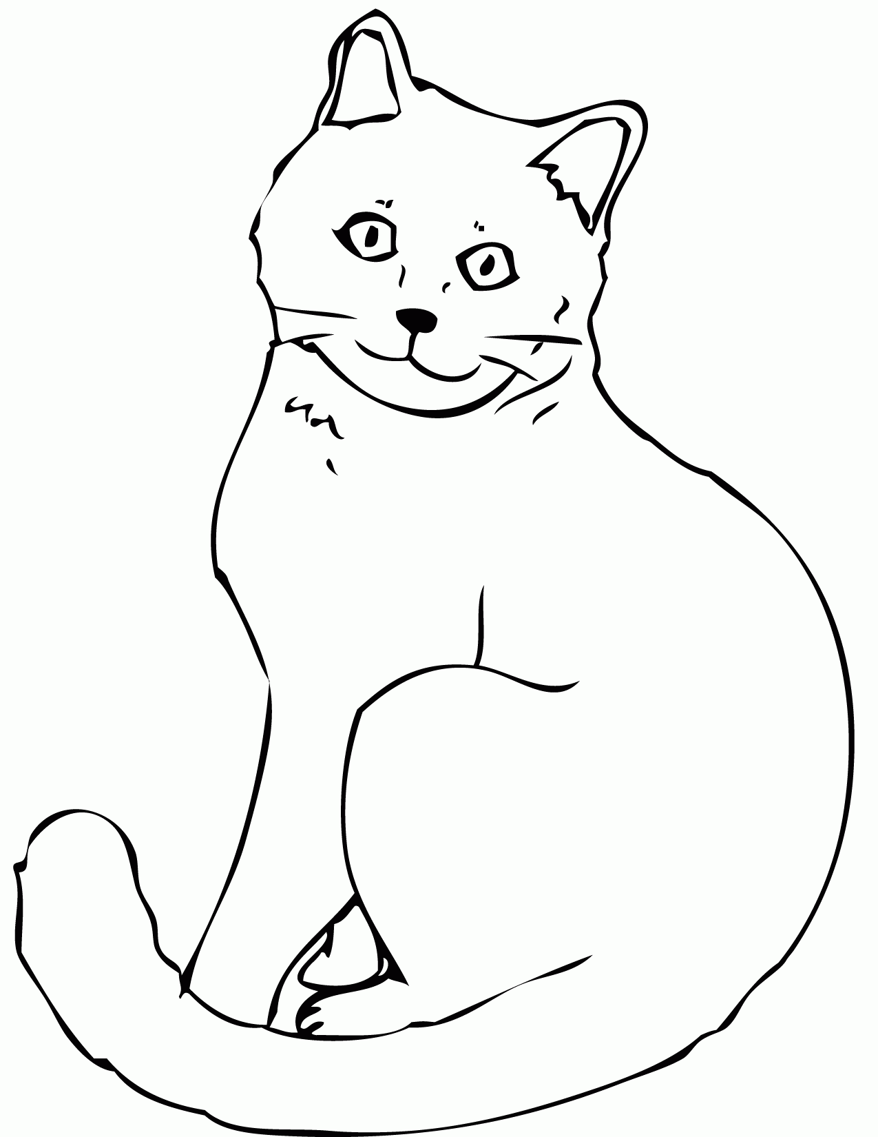 Kolorowanka kot dorosły i zadbany siedzi z zawiniętym ogonem i się uśmiecha podnosząc uszy