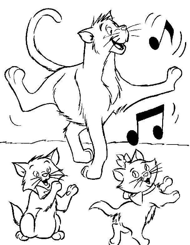 Kolorowanka kot dorosły tańczy obok bawiących się dwóch małych kotków