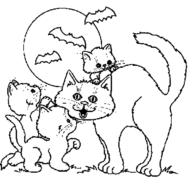 Kolorowanka kot dorosły unosi grzbiet i pilnuje trzy małe kotki w świetle Księżyca