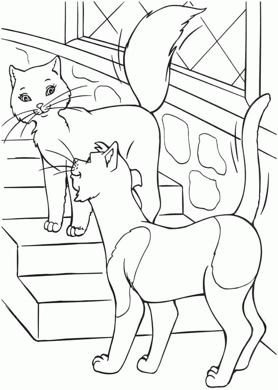 Kolorowanka kot dorosły w łatki podchodzi do kotki stojącej na schodach w budynku