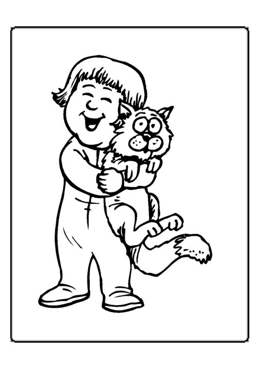 Kolorowanka kot duży jest mocno przytulany przez szczęśliwego chłopca z dłuższymi włosami