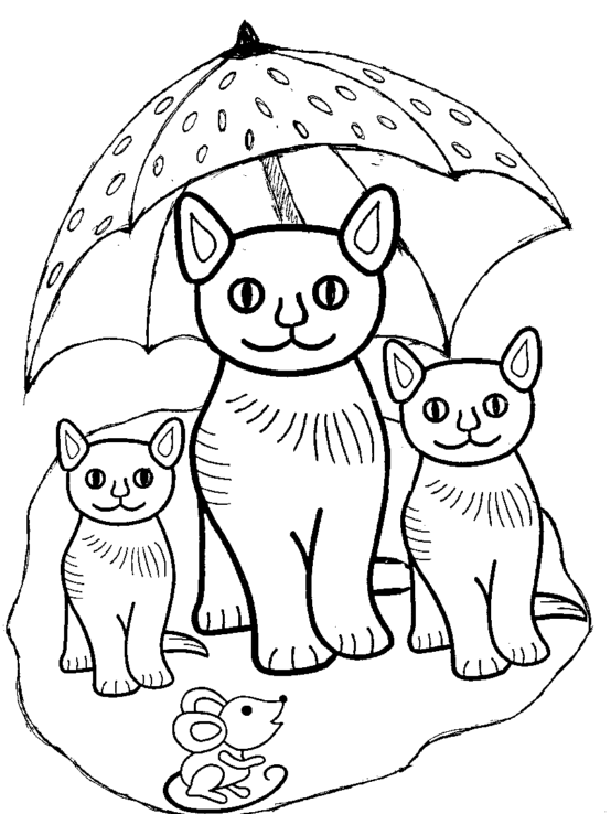Kolorowanka kot duży stoi pod parasolem wraz z dwoma mniejszymi kotkami przed małą myszką