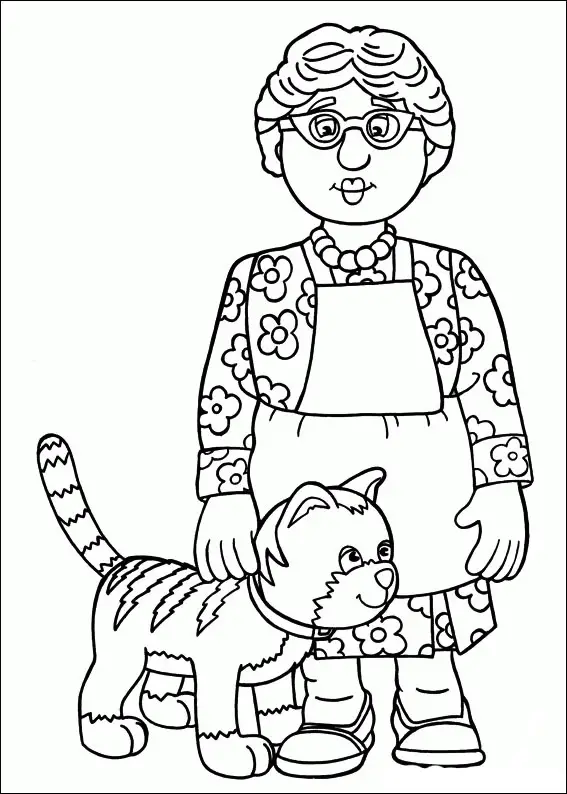 Kolorowanka kot duży w paski stoi obok nóg babci w fartuszku i koszuli w kwiaty