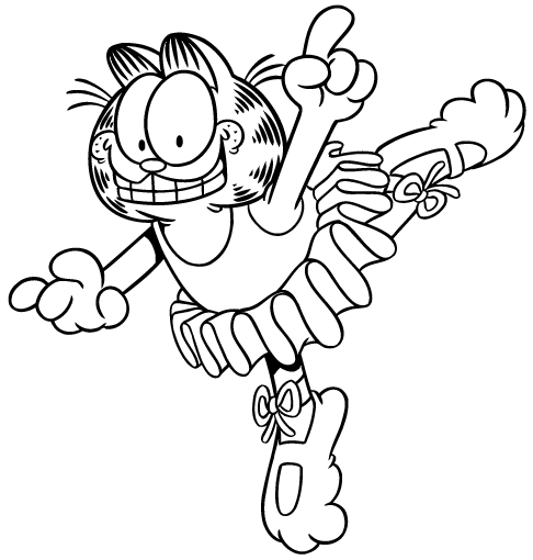 Kolorowanka kot Garfield w stroju baletnicy tańczy kręcąc się na jednej nodze