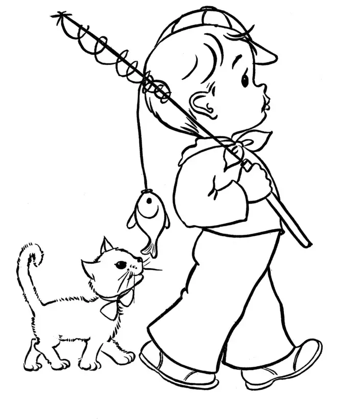 Kolorowanka kot idzie za chłopcem w czapce trzymającym wędkę z rybą na haczyku