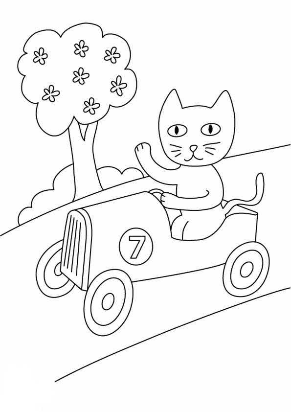 Kolorowanka kot jedzie samochodem bez dachu machając łapką przejeżdżając obok drzewa
