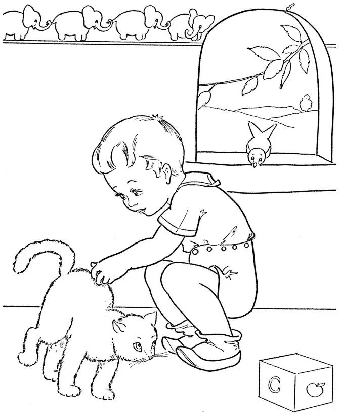 Kolorowanka kot jeży się gdy drapie go chłopiec w pokoju z zabawkami obok okna, w którym siedzi ptak