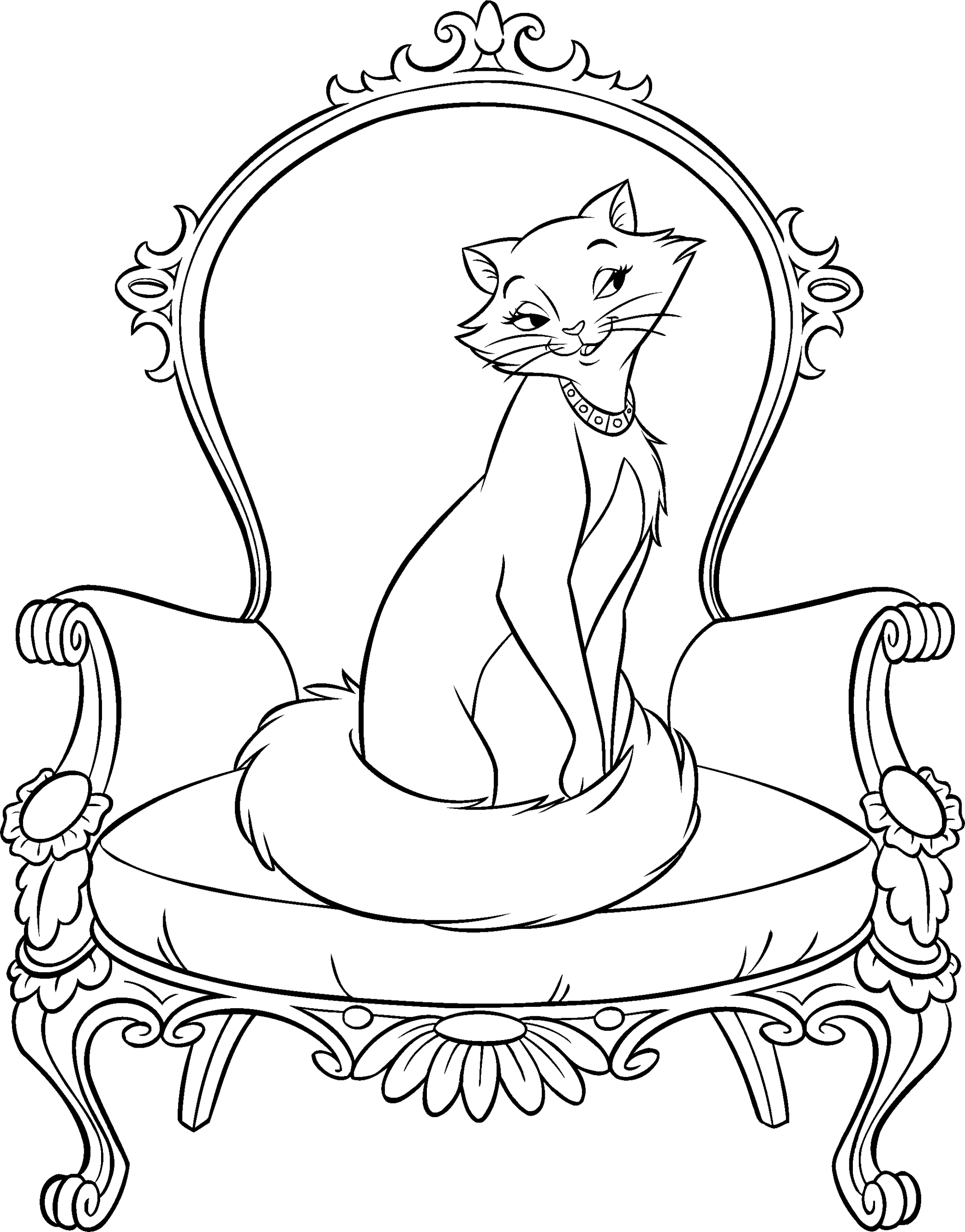 Kolorowanka kot kotka siedzi na eleganckim fotelu