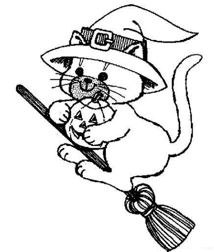 Kolorowanka kot leci na miotle w kapeluszu trzymając w łapkach dynię z wyżłobioną twarzą