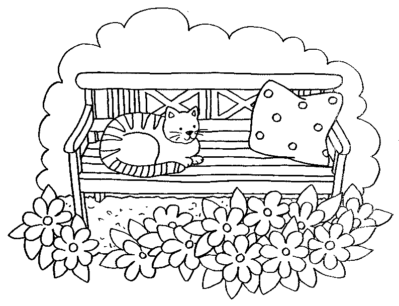 Kolorowanka kot leży na ławeczce obok poduszki nad kwiatkami na chmurce
