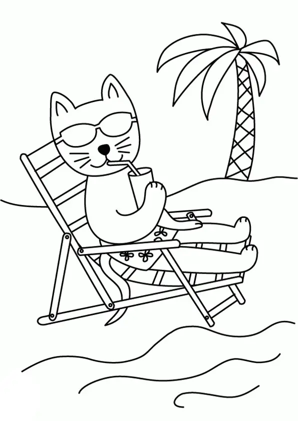 Kolorowanka kot leży na leżaku na plaży w szortach pod palmą i pije mleko przez słomkę ze szklanki