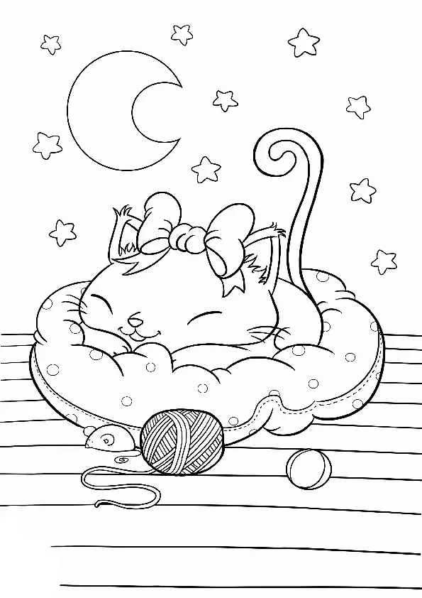 Kolorowanka kot leży na miękkiej poduszki obok włóczki i piłki pod gwieździstym niebem