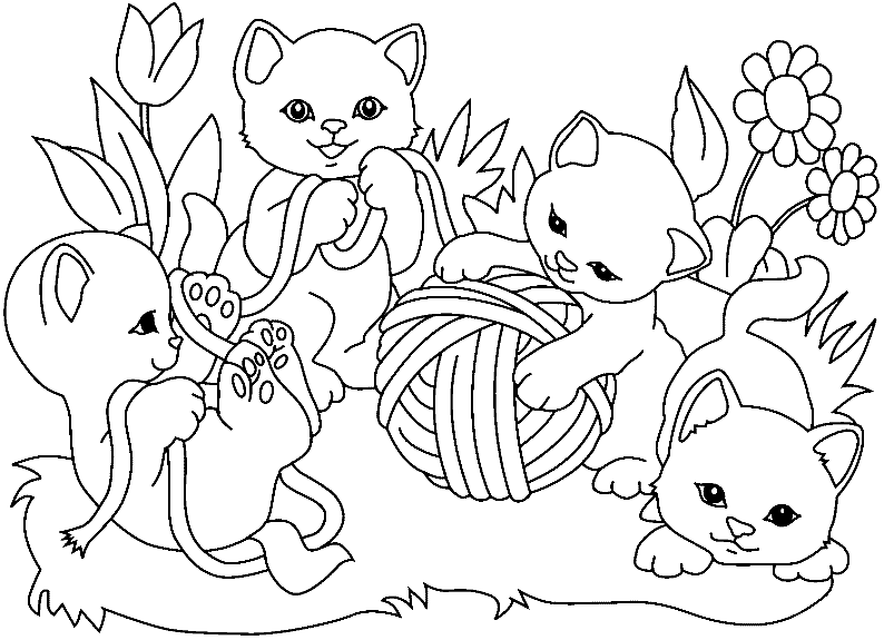 Kolorowanka kot leży na plecach bawiąc się włóczką wraz z trzema innymi kotami wśród kwiatów